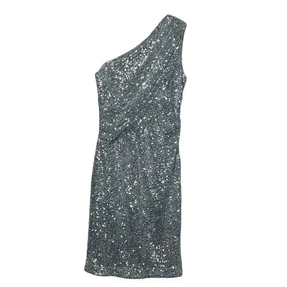 Calvin Klein One Shoulder Full Sequin Silver Sexy Formal Mini Dress Size 4 - Picture 1 of 6